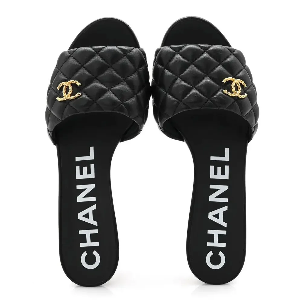Chanel Lambskin Quilted Textured CC Cone Heel Mule Sandals Black EU 37.5